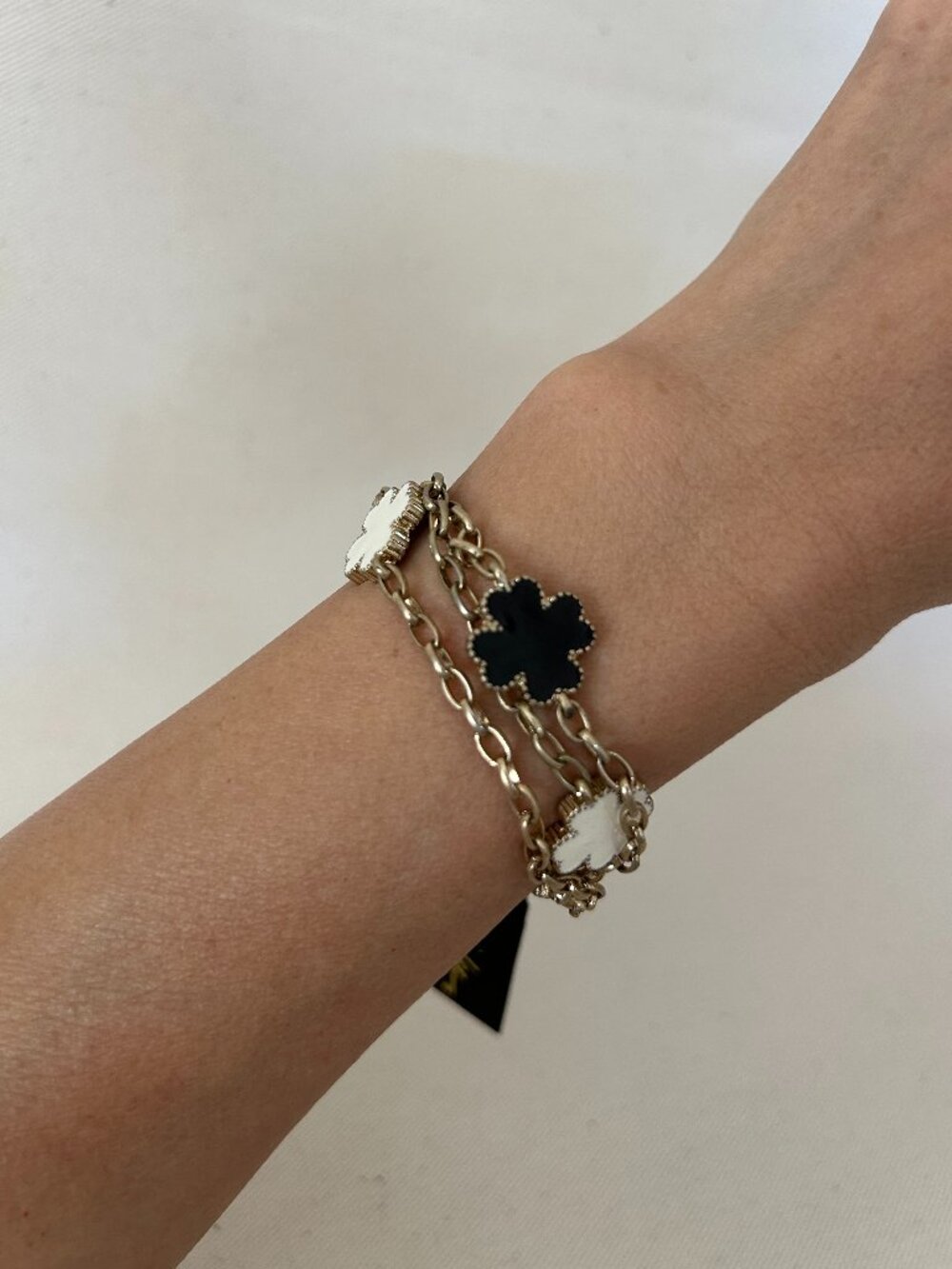 Cookie Lee Silver Clover Toggle Charm Bracelet Black White - NWT